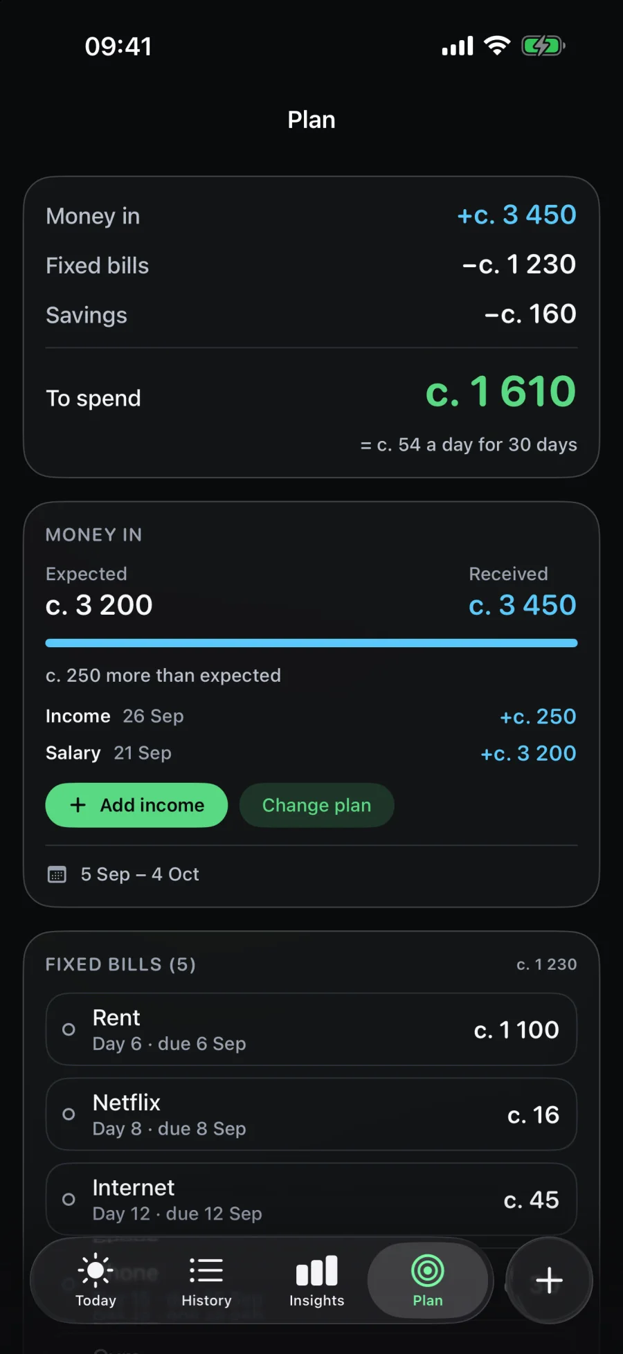 The Plan screen, showing money in, fixed bills, savings and what is left to spend.