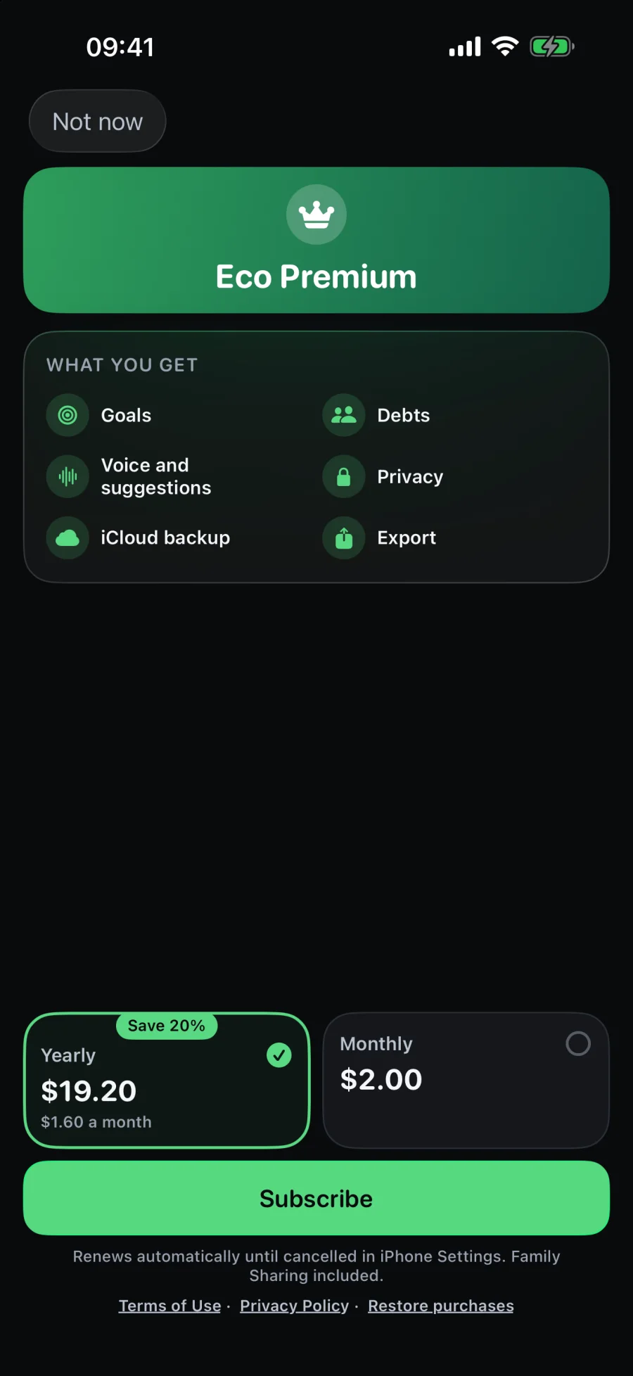The Eco Premium screen listing what the subscription covers.