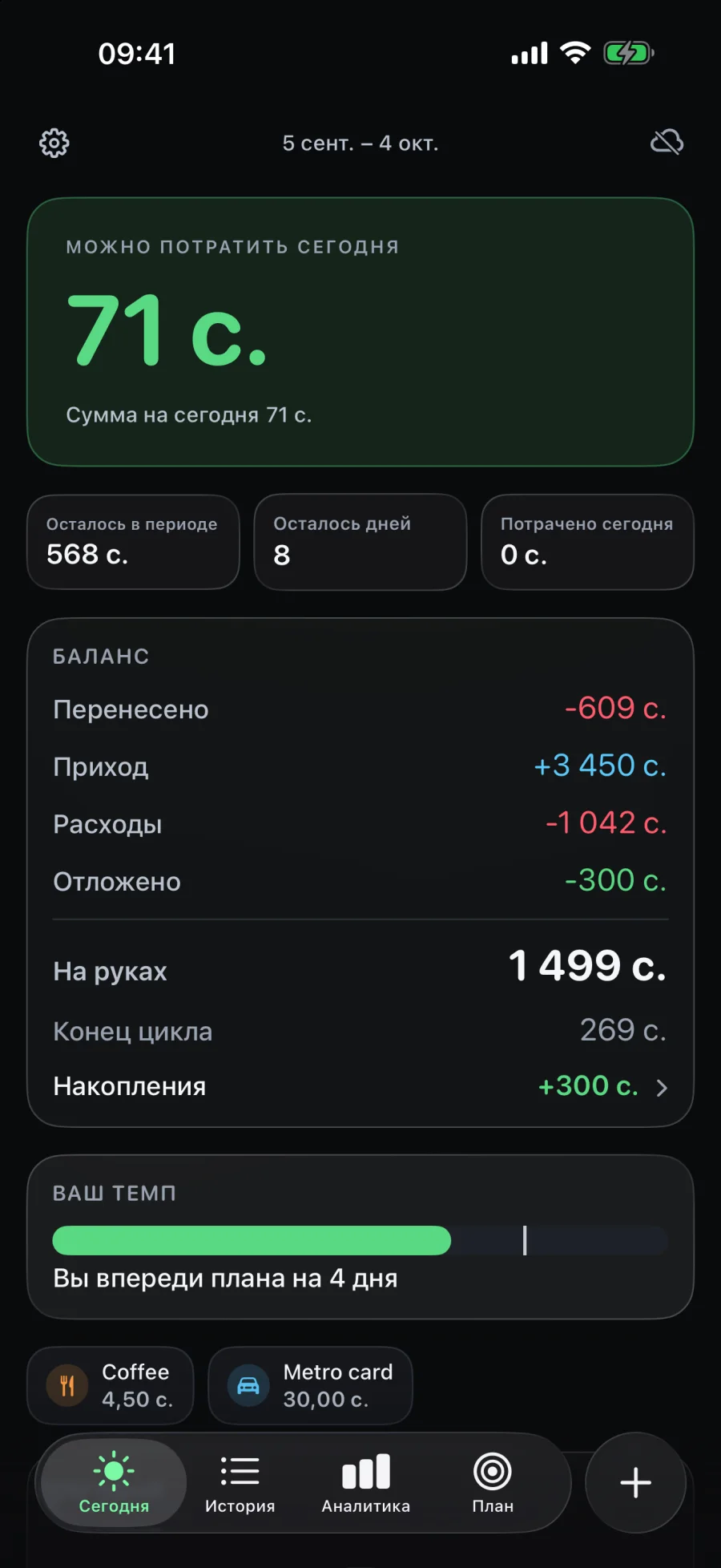 Главный экран Eco: сумма, которую можно потратить сегодня, и текущий баланс.